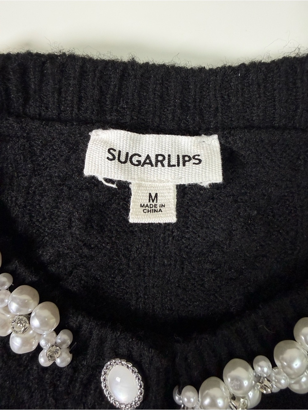 Sugarlips | Pearl Embellished Cable Puff Sleeve Knit Cardigan | Black | Size M - Picture 6 of 11